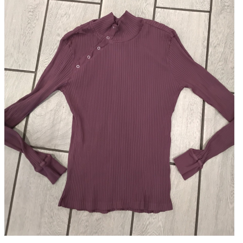 LAmade Womens Purple Ribbed Mock Neck Snap Shoulder Long Sleeve Top Large USA